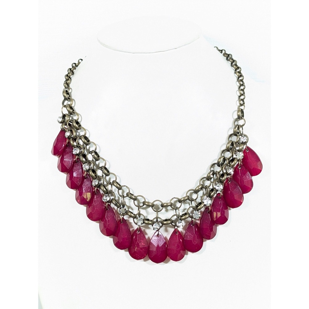 Bronze Tone Pink Teardrop Faux Stone Charm Rhinestone Bib Statement Necklace 23"